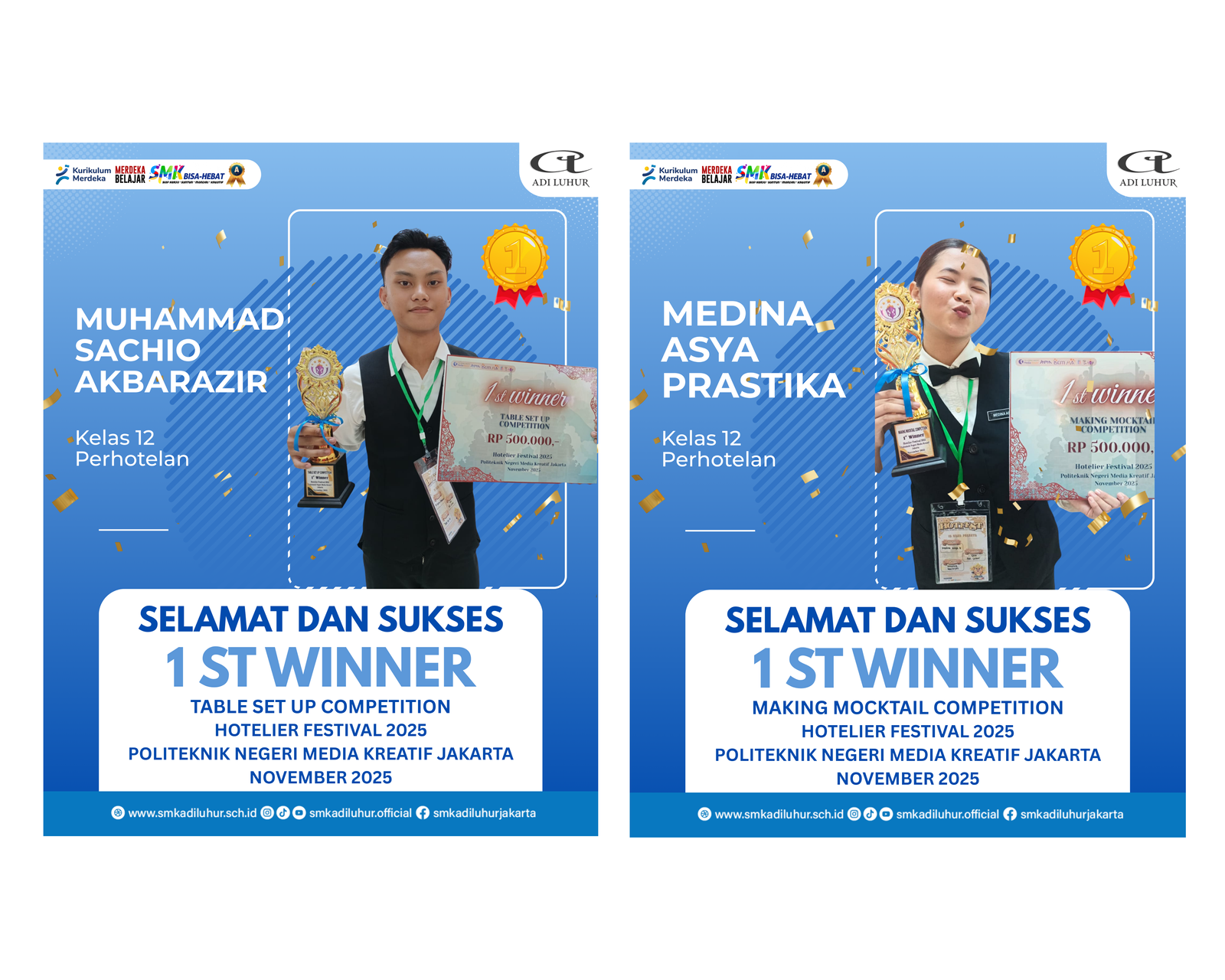 Borong Juara! Dua Siswa Perhotelan SMK Adi Luhur Raih Juara 1 di Hotelier Festival 2025